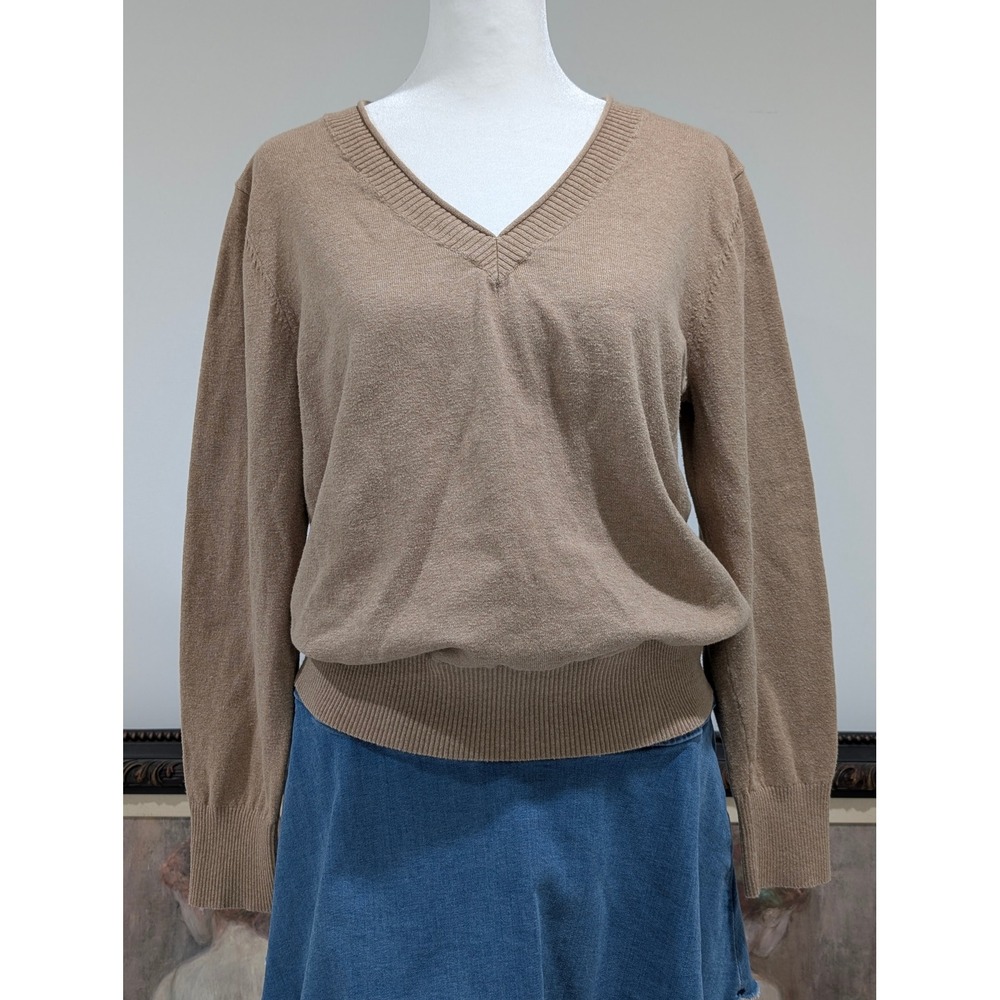 Khaki Minimalist Preppy Basic V Neck Long Sleeve Sweater Ribbed Waist Large - Picture 3 of 10